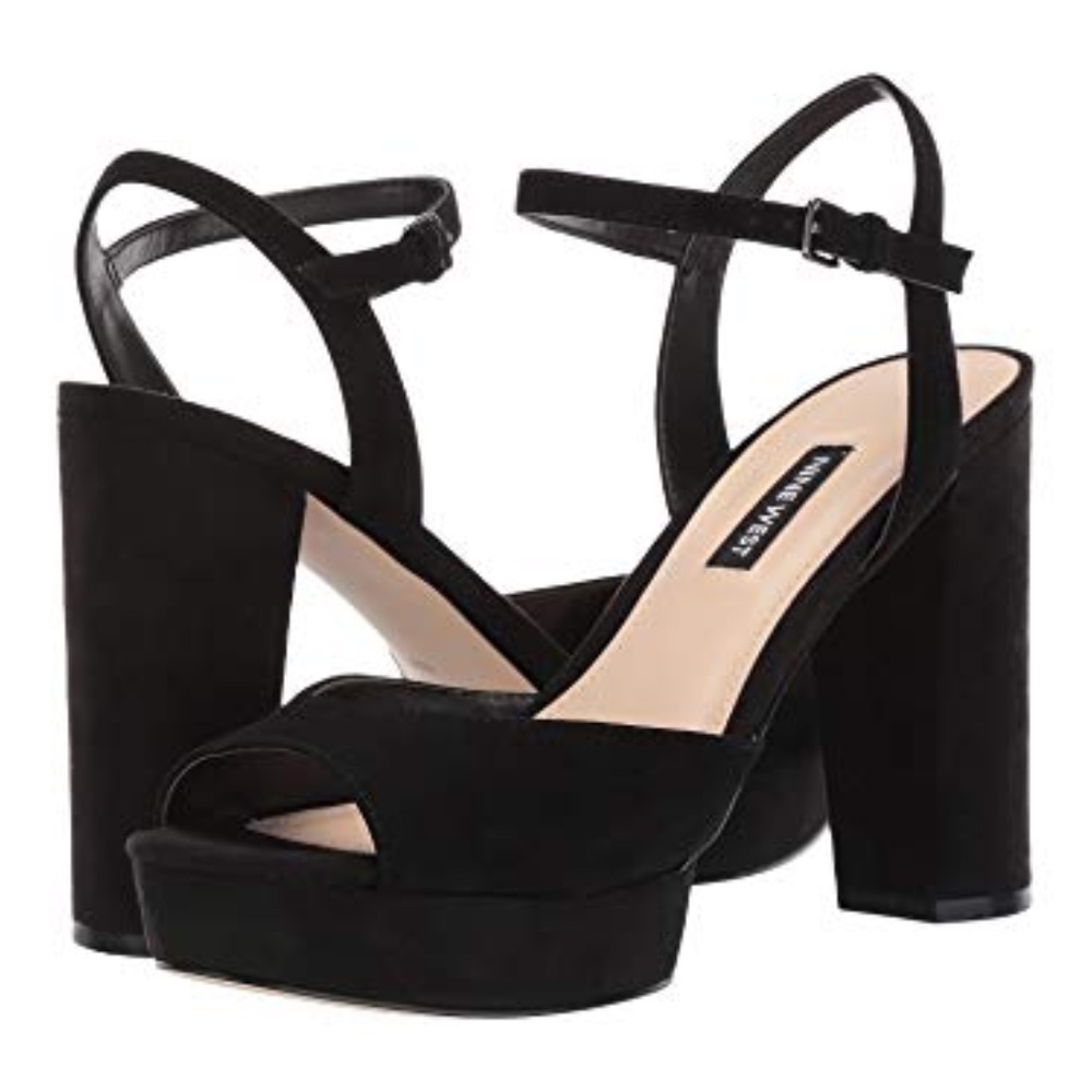 NINE WEST Gail Black Suede Leather Platform Block Heel Pump Ankle Strap Sandal 9 - Picture 6 of 11